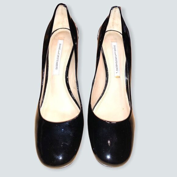 DIANE VON FURSTENBERG PATENT LEATHER HEELS 7.5 Black - Picture 2 of 9